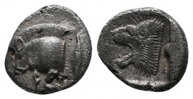 Mysia, Kyzikos (c.480 BC) Trihemiobol AR (9mm-1,16g). Forepart of boar left ; Tunny upward / Head of roaring lion left, outstretched tongue, all withi...