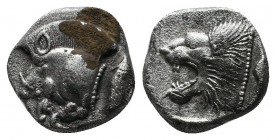 Mysia, Kyzikos (c.480 BC) Trihemiobol AR (9mm-1,19g). Forepart of boar left ; Tunny upward / Head of roaring lion left, outstretched tongue, all withi...