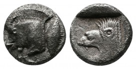 Mysia, Kyzikos (c.480 BC) Trihemiobol AR (9mm-1,20g). Forepart of boar left ; Tunny upward / Head of roaring lion left, outstretched tongue, all withi...