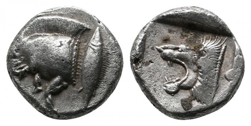 Mysia, Kyzikos (c.480 BC) Trihemiobol AR (9mm-1,21g). Forepart of boar left ; Tu...
