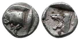 Mysia, Kyzikos (c.480 BC) Trihemiobol AR (9mm-1,21g). Forepart of boar left ; Tunny upward / Head of roaring lion left, outstretched tongue, all withi...