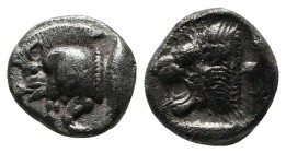 Mysia, Kyzikos (c.480 BC) Trihemiobol AR (9mm-1,21g). Forepart of boar left ; Tunny upward / Head of roaring lion left, outstretched tongue, all withi...