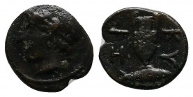 Mysia, Kyzikos. 4th century BC. Æ (9mm-0,77g). Laureate head of Apollo left within circular border / KY-ZI, amphora, tunny below.Von Fritze, Kyzikos 1...