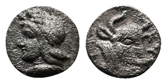 Mysia, Kyzikos. c.410-400 BC. AR Hemiobol (6mm-0,33g) Head of Attis left, wearin...