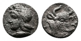 Mysia, Kyzikos. c.410-400 BC. AR Hemiobol (6mm-0,33g) Head of Attis left, wearing Phrygian cap; tunny below / KY. Bull’s head right. SNG France -; SNG...