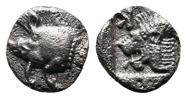 Mysia, Kyzikos. c.450-400 BC. AR Hemiobol (8mm-0,37g) Forepart of boar left; to ...