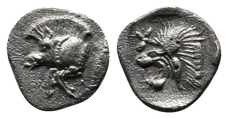 Mysia, Kyzikos. c.450-400 BC. AR Hemiobol (8mm-0,37g) Forepart of boar left; to ...