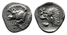 Mysia, Kyzikos. c.450-400 BC. AR Hemiobol (8mm-0,37g) Forepart of boar left; to right, tunny upward / Head of roaring lion left; star to upper left; a...