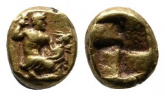 Mysia, Kyzikos. c.475-410 BC. EL 1/48 Stater (6mm-0,68g). Zeus kneeling right, holding sceptre in right hand, eagle in extended left hand / Quadripart...