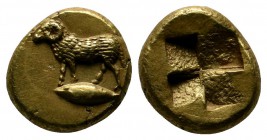 Mysia, Kyzikos. c.500-450 BC. EL Hekte (11mm-2,68g). Ram standing left on tunny left / Quadripartite inches square. Von Fritze I 91; Boston MFA 1468; ...