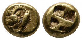 Mysia, Kyzikos. c.550-500 BC. EL Hekte (9mm-2.73g). Forepart of mountain goat (?) left. / Quadripartite square. von Fritze 47. SNG France 187.