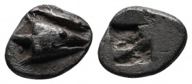 Mysia, Kyzikos. c.550-600 BC. Diobol AR. (10mm-1.06g). Head of tunny right, vertical tunny fish downward behind / Quadripartite incuse square. Hurter ...
