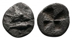 Mysia, Kyzikos. c.600-550 BC. AR Hemiobol (7mm-0,41g) Head of tunny right; below, tunny right / Quadripartite incuse square. Von Fritze IX 2; SNG Fran...