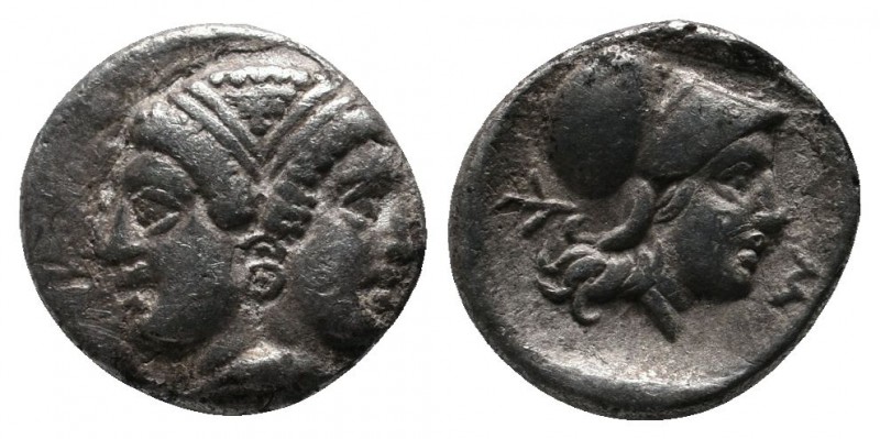 Mysia, Lampsakos. c.390-330 BC. Diobol AR (10mm-1.13gr). Janiform female head, w...