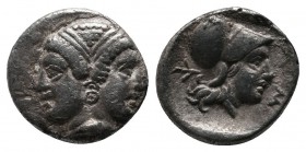 Mysia, Lampsakos. c.390-330 BC. Diobol AR (10mm-1.13gr). Janiform female head, with circular earring / [ΛΑ]-Μ; helmeted head of Athena right . SNG von...
