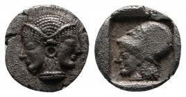 Mysia, Lampsakos. c.500-450 BC. AR Obol (9mm-0.80g). Female janiform head. / Helmeted head of Athena left within incuse square. SNG BnF 1128-31.