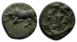 Mysia, Parion. (c.3rd century BC.) Æ (11mm-1,57g). Bull butting left. / Π-I / P-A, Torch within wreath. Legend should read Π-A / P-I. SNG Cop 269. An ...