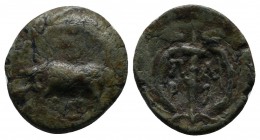 Mysia, Parion. 350-300 BC. Æ (14mm-2,02g) Bull butting left / ΠA-ΡI to left and right of torch, all within wreath. SNG Tuebingen 2328; SNG Cop 269; BM...