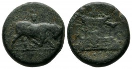 Mysia, Parion. 350-300 BC. Æ (17mm-7,74g). Bull butting right, grapes above / Π-A-Ρ-I, inscription around altar of Parion, amphora before.BMC 41; SNG ...