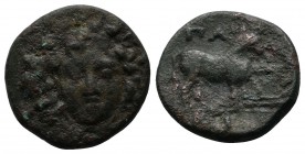 Mysia, Parion. c.2nd-1st cent. BC. Æ (16mm-3,18g). Facing head of gorgon (Medusa?) / Bull standing R before garlanded altar. SNG Cop. 273.