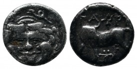 Mysia, Parion. c.400 BC. Hemidrachm AR. (13mm-2.22g). Facing gorgoneion / Bull standing left, head right; above, Nike standing on bull to left; monogr...