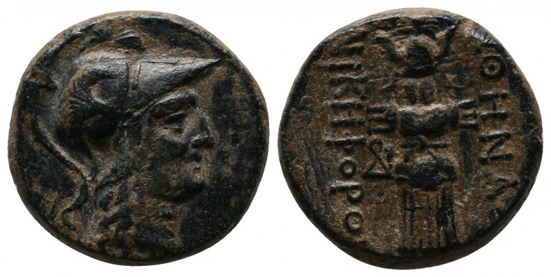 Mysia, Pergamon, AE 20 (18mm-6.25g). c.133-27 BC. Helmeted head of Athena right ...