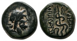 Mysia, Pergamon. c.200-30 BC. Æ (14mm-6,11g.). Laureate head of Asklepios right / AΣKΛHΠIOY ΣΩTHPOΣ, serpent-entwined staff. very fine SNG von Aulock ...