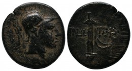 Paphlagonia, Sinope. c.105-90 BC. (19mm-7.84g). Æ (20mm-7,68g). Head of Ares right / ΣΙΝΩ - ΠΗΣ. Sword in sheath. SNG BM 1528-1530; HGC 7, 418....