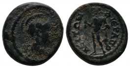 Phrygia, Hierapolis. Pseudo-autonomous (2nd century AD.) Æ (15mm-3,71g). Helmeted head of Athena right. / IЄPAΠOΛЄITΩN. Hermes standing left, holding ...
