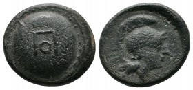 Pisidia, Selge. ca 2nd-1st cent BC. Æ (17mm-5,01g). Round shield with ΠΟ monogram in center / Head of Athena right, wearing Attic helmet. BMC 55.