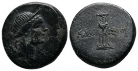 Pontos, Amisos. (c.125-100 BC). Time of Mithradates VI Eupator. Æ (20mm-8,22g). Bust of Artemis right, bow and quiver over shoulder. / AMIΣOY. Tripod....