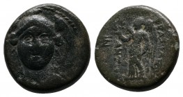 Seleukid Kingdom, Antiochos I Soter, c.281-261 BC. Smyrna or Sardes mint. Æ (13mm-2,55g). Helmeted head of Athena facing / Nike standing left, holding...