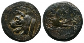 Seleukid Kingdom, Demetrios I. 162-150 BC. Æ (19mm-8.17g). Uncertain mint in Cilicia. Head of a dog left / [ ΒΑ ] ΣΙΛΕΩΣ right, [ DHMH ] TPIOY SWTHROS...