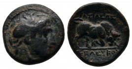 Seleukid Kingdom, Seleukos I. c.312-280 BC. Æ (13mm-2.54g). Seleukeia. Laureate head of Apollo right / Bull butting right; K below. SNG Spaer -; Newel...