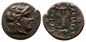 Seleukid Kingdom. Antiochos II 261-246 BC. Æ (13mm-1,89g). Sardes mint. Laureate head of Apollo right. / BAΣΙΛΕΩΣ right, ANTIOXOY left, kithara; ancho...