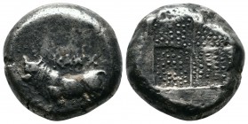 Thrace, Byzantion. Tetradrachm AR. (c.387/6-340 BC). (20mm,15.23g). ΠΥ. Bull standing left on dolphin left; monogram to left / Stippled quadripartite ...