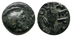 Thrace, Chersonesos (c.480-350 BC.) Æ (10mm-1,16g). Helmeted head of Athena right / XEP - PO. Barley grain. Sign of small barley or leaf? SNG Copenhag...