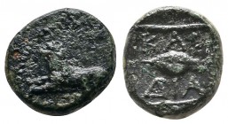 Thrace, Kardia (c.357-309 BC.) Æ (12mm-2,02g). Lion advancing left. / KAP-ΔIA. Barley grain and ethnic within linear square. SNG Copenhagen 868. Weber...