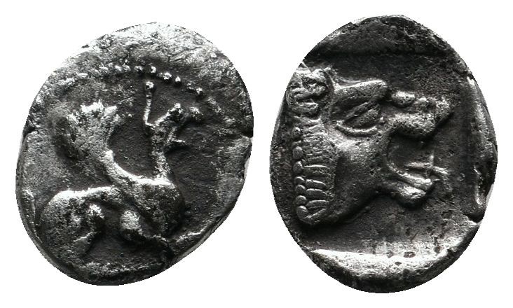 Troas, Assos. 5th century BC. AR Obol (9mm-0.48g). Griffin right / Lion head rig...