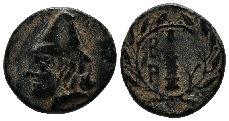 Troas, Birytis. 4th-3rd centuries BC. Æ (16mm-5.17g). Head of Kabeiros left, wea...