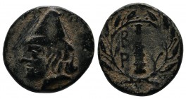 Troas, Birytis. 4th-3rd centuries BC. Æ (16mm-5.17g). Head of Kabeiros left, wearing pilos; stars flanking. / Ethnic and club within wreath. SNG Ashmo...