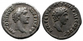 Antoninus Pius, with Marcus Aurelius as Caesar. AD 138-161. AR Denarius (17mm-3.06g). Rome mint. Struck c.AD 141-143. Laureate head of Antoninus Pius ...