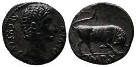 Augustus. c.27 BC - AD 14. AR Denarius (18mm-3.28g). Lugdunum (Lyon) mint. Struck 15 BC. Bare head right. / IMP • X in exergue, bull butting right, le...