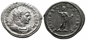 Caracalla, AD 211-217. AR Antoninian (21mm-4.95g). Rome. ANTONINVS PIVS AVG GERM, radiate and draped bust right / PM TRP XVIIII COS IIII PP, Sol stand...