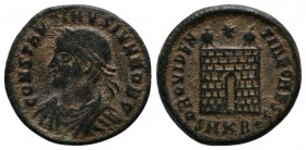 Constantine II, as Caesar, Æ Nummus (17mm-3.63g). Cyzicus, AD 325-326. CONSTANTINVS IVN NOB C, laureate bust left, wearing imperial mantle / PROVIDENT...