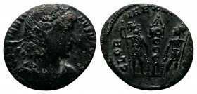Constantius II. 324-361 AD. Æ Follis (14mm-1,32g). FL IVL CONSTANTIVS NOB C. Laureate, draped and cuirassed bust right / GLOR-IA EXERC-ITVS. Two soldi...