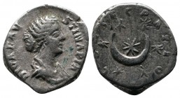 Diva Faustina II, AD 176-180. AR Denarius (17mm-3.14g). Rome. DIVA FAVSTINA PIA, draped bust right / CONSECRATIO, crescent and seven stars. RIC 750.