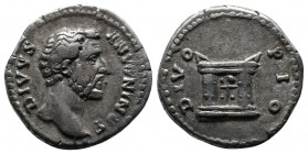 Divus Antoninus Pius, AD 162. AR Denarius (17mm-3.22g). Rome. DIVVS ANTONINVS, bare head right / DIVO PIO, square altar with double doors. RIC 441.
