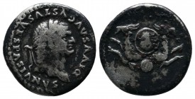 Divus Vespasian. Died A.D. 79. AR denarius (17mm-3.18g). Rome, under Titus, AD.80/1. DIVVS AVGVSTVS VESPASIANVS, laureate head of Vespasian right / Tw...