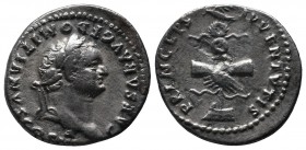 Domitian. As Caesar, AD 69-81. AR Denarius (18mm-3.21g). Rome. Struck under Vespasian, AD 79. Laureate head right / Clasped right hands holding aquila...